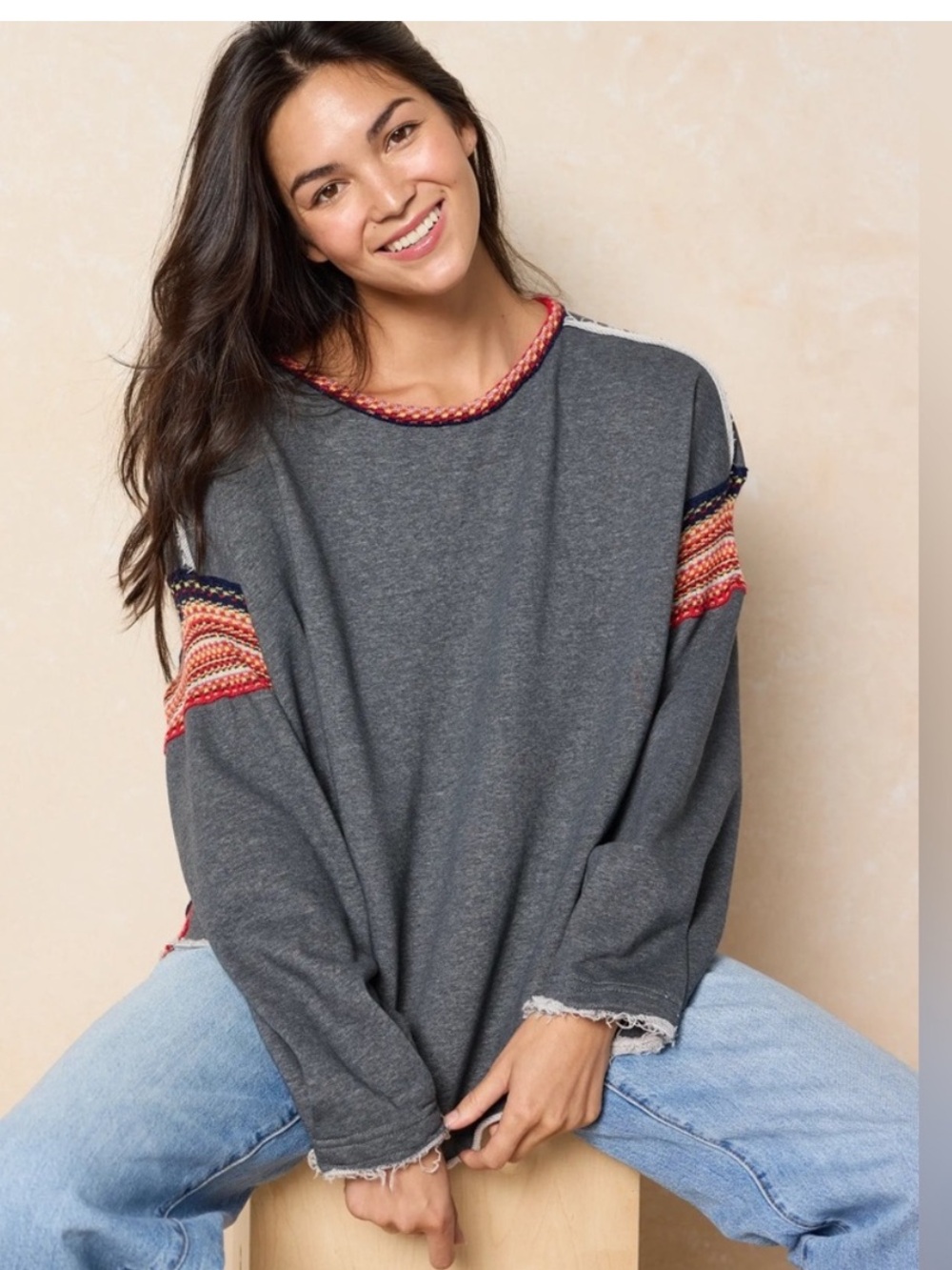 Natural Life size S/M Knit Trim Sweatshirt oversize boxy relaxed cozy